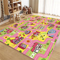 Kids Gaming Area Rug Modern Cartoon Car House Road Educational Learning Carpets, Pink Large Size Non-Slip Washable Thin Floor Mats Ideal for Girls Bedroom Playroom Dining Room Kitchen, 4x6ft