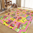 Kids Gaming Area Rug Modern Cartoon Car House Road Educational Learning Carpets, Pink Large Size Non-Slip Washable Thin Floor Mats Ideal for Girls Bedroom Playroom Dining Room Kitchen, 4x6ft