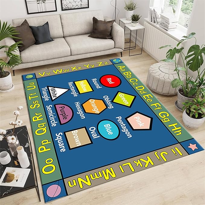 ABC Area Rug Educational Learning Rugs with Alphabet Math Graphics and Color Differentiation Patterns Kids Crawling Carpet with Non Slid Backing for Kitchen Bathroom Kindergarten Bedside, 6x9ft