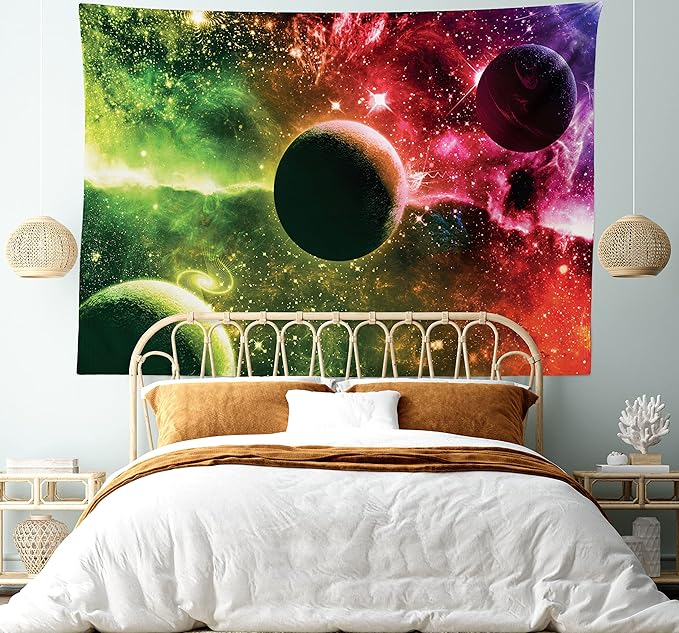 Ambesonne Psychedelic Tapestry, Space Universe Cosmos Galaxy Nebula Stars and Planets in Trippy Tones Image, Fabric Wall Hanging Decor for Bedroom Living Room Dorm, 45" X 30", Magenta Green