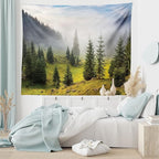 Ambesonne Forest Tapestry King Size, Fir Trees on Meadow Between Hillsides Conifer Woodland in Fog Before Sunrise, Wall Hanging Bedspread Bed Cover Wall Decor, 104" X 88", Gray Green