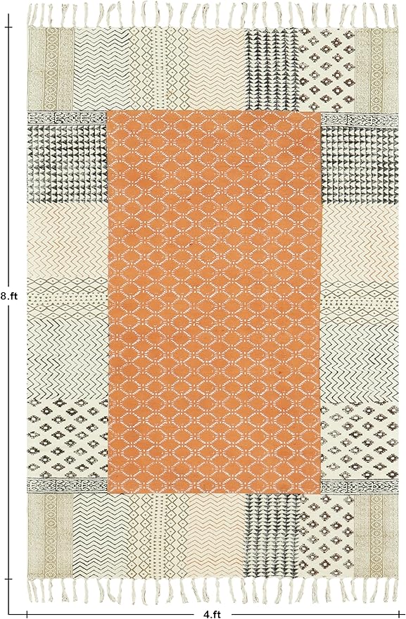 Kilim Rug 3x5 Area Rug Orange & Beige Cotton Dhurrie Oriental Thick 0.19 inches Stone Easy Washable Rug Hand Wash Cotton Carpet Flatweave Rug Indoor Outdoor Rugs for Kitchen, Bedside, Enterway