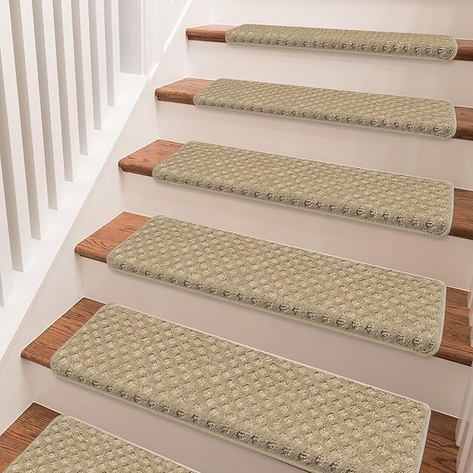 PURE ERA Bullnose Carpet Stair Treads Set Tape Free Non-Slip Indoor Stair Protectors Pet Friendly Rugs 9.5" x 30"(14 Pieces,Khaki Mini-Diamond Trellis)