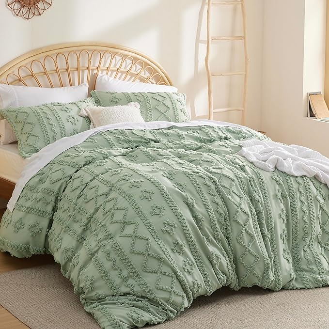 Bedsure Boho Twin Duvet Cover, Soft & Comfortable Elegant Design Boho Bedding for Decoration, Machine Washable Comforter Cover for All Seasons,Includes 1 Duvet Cover & 1 Pillow Sham,Light Green