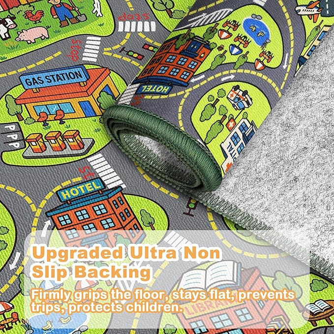 Upgrade Ultra Non Slip Kids Car Rug, Kids Road Playmat Rug for Toy Cars, Educational Town City Map Washable Carpet for Boy Playroom Bedroom, Safer Car Track Play Mat for Children Baby Toddler, 40"x24"