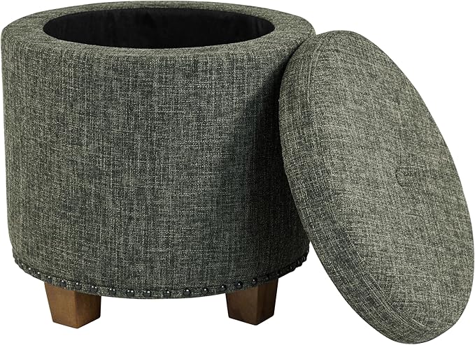 Homepop Home Decor | Upholstered Round Storage Ottoman with Nailheads| Ottoman with Storage for Living Room & Bedroom, Green Clover Fabric