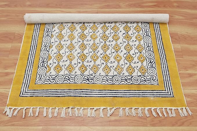 Area Rug 3' Square Rug Yellow & Beige Cotton Dhurrie Oriental Thick 0.19 inches Stone Easy Washable Rug Hand Wash Cotton Carpet Flatweave Rug Indoor Outdoor Rugs for Kitchen, Bedside, Enterway