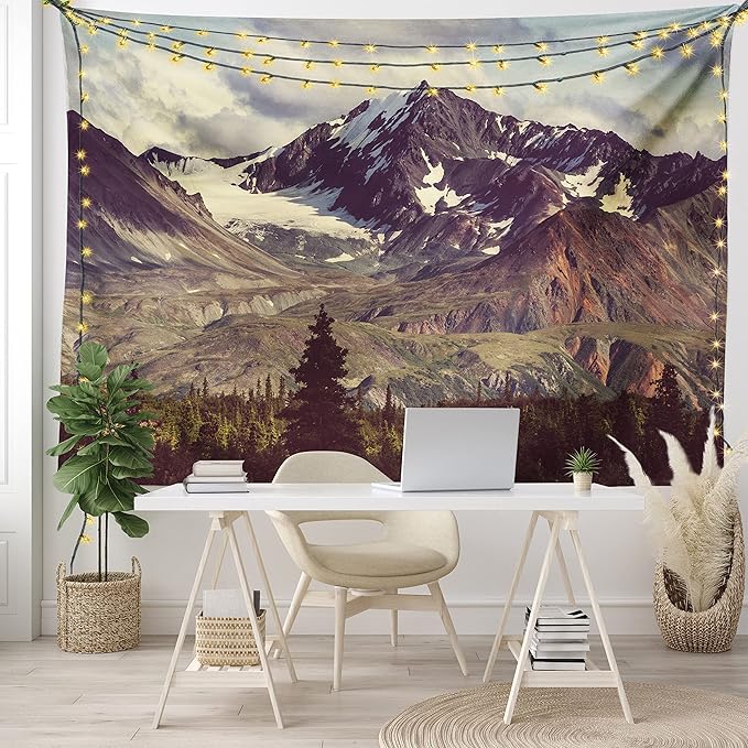 Ambesonne Alaska Mountains Tapestry King Size, Arctic Landscape Hiking Alaska Mountains Scenery in Usa Wilderness, Wall Hanging Bedspread Bed Cover Wall Decor, 104" X 88", Green Black White