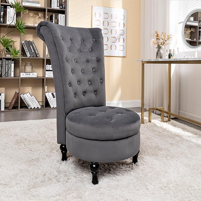 Royal High-Back Velvet Accent Chair for Vanity with Storage and Luxurious Upholstery, Retro Design and Versatile Usage for Livingroom, Bedroom, Lounge and Office, Grey