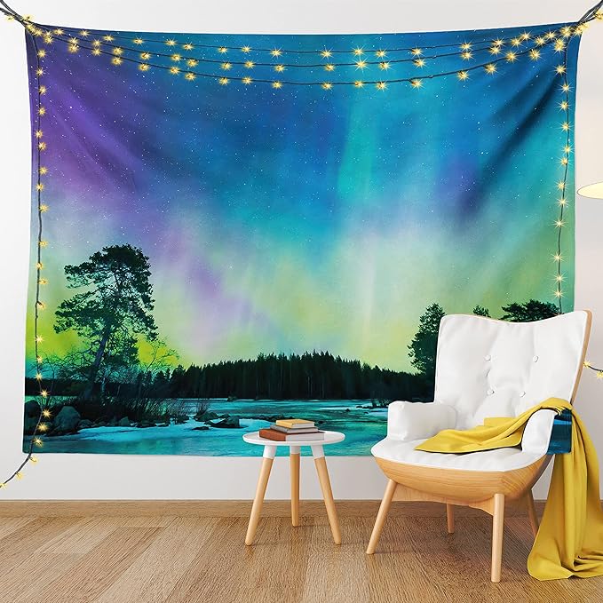 Ambesonne Aurora Borealis Tapestry, Sky over Lake Surrounded Forest Woods Hemisphere Print, Fabric Wall Hanging Decor for Bedroom Living Room Dorm, 28" X 23", Violet Blue Lime Green