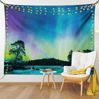Ambesonne Aurora Borealis Tapestry, Sky over Lake Surrounded Forest Woods Hemisphere Print, Fabric Wall Hanging Decor for Bedroom Living Room Dorm, 45" X 30", Violet Blue Lime Green