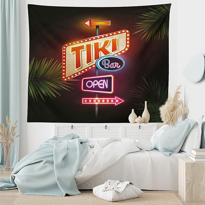 Ambesonne Tiki Bar Tapestry Twin Size, Old Fashioned Neon Signs Illustration of Open Bar Palm Tree Branches Roadside, Wall Hanging Bedspread Bed Cover Wall Decor, 68" X 88", Dark Purple