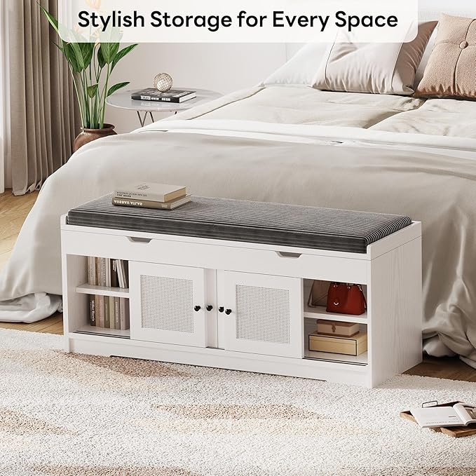 LIKIMIO 47.2" Shoe Bench with Lift Top Storage, Entryway Bench with Cushioned Seat, 2-Tier Rattan Shoe Cabinet with Adjustable Shelf, Storage Bench for Bedroom, Living Room, Hallway, White
