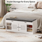 LIKIMIO 47.2" Shoe Bench with Lift Top Storage, Entryway Bench with Cushioned Seat, 2-Tier Rattan Shoe Cabinet with Adjustable Shelf, Storage Bench for Bedroom, Living Room, Hallway, White