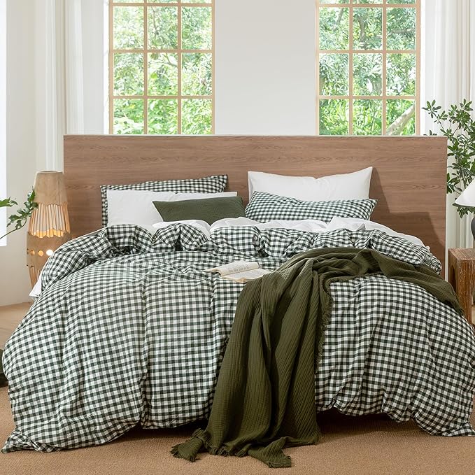 MooMee Gingham Duvet Cover Set 100% Washed Cotton Linen Like Textured Breathable Durable Soft Comfy Modern Checkered Design (Forest Green Gingham, King 104"x90")