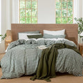 MooMee Gingham Duvet Cover Set 100% Washed Cotton Linen Like Textured Breathable Durable Soft Comfy Modern Checkered Design (Forest Green Gingham, Super Queen 90"x98")