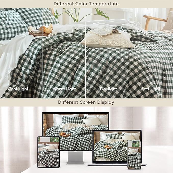 MooMee Gingham Duvet Cover Set 100% Washed Cotton Linen Like Textured Breathable Durable Soft Comfy Modern Checkered Design (Buffalo Plaid Forest Green, Full 80"x90")