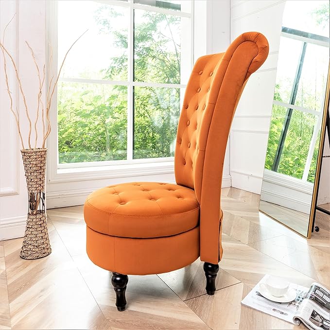 Royal High-Back Velvet Accent Chair for Vanity with Storage and Luxurious Upholstery, Retro Design and Versatile Usage for Livingroom, Bedroom, Lounge and Office, Red Orange