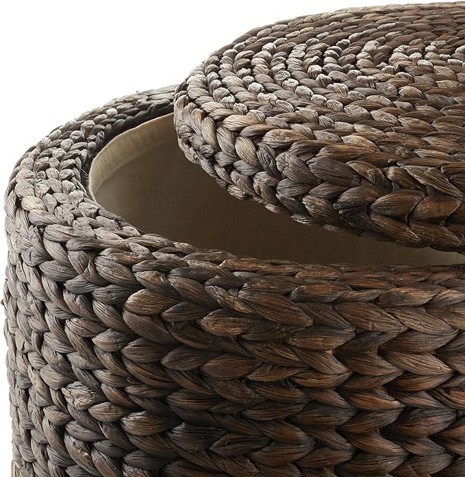 Casafield 17" Round Storage Ottoman with Lid - Espresso, Handwoven Water Hyacinth Footstool for Living Room, Bedroom, Bathroom, Home Office