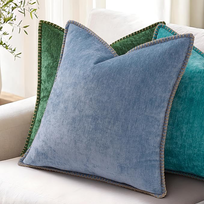 decorUhome Spring Chenille Soft Cozy Throw Pillow Covers 22x22 Set of 2, Modern Farmhouse Boho Velvet Decorative Euro Sham Pillow Cases with Stitched Edge for Couch Sofa Bed Home Decor, Green