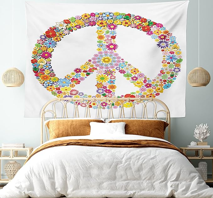Ambesonne Groovy Tapestry King Size, Floral Peace Sign Summer Spring Blooms Love Happiness Themed Illustration Print, Wall Hanging Bedspread Bed Cover Wall Decor, 104" X 88", Red White
