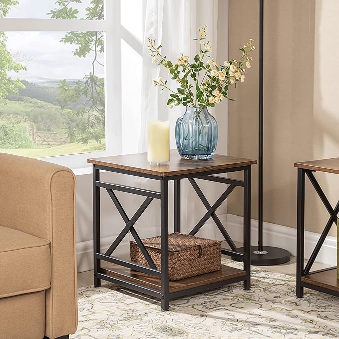 Industrial End Table with 2-Tier Storage Shelf, 18'' Square Side Table with X-Design Metal Frame, Rustic Brown Nightstand Bedside for Living Room Bedroom