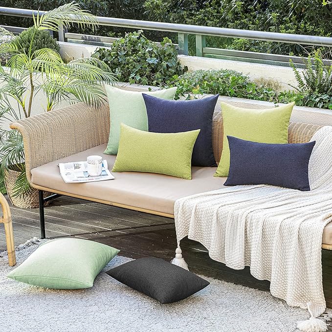 MIULEE Pack of 2 Decorative Outdoor Solid Waterproof Throw Pillow Covers Faux Linen Garden Farmhouse Cushion Cases for Halloween Tent Balcony Couch Sofa 20x12 Inch Black
