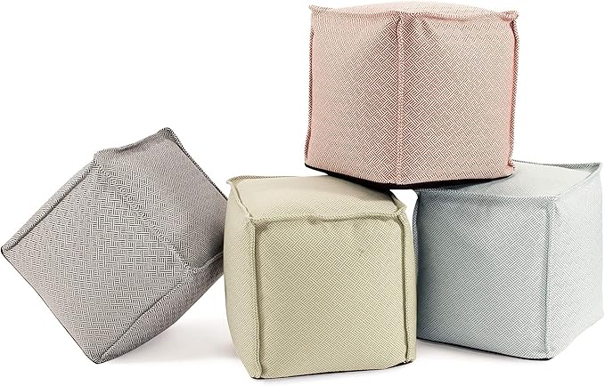 Howard Elliott Square Pouf Ottoman Foot Rest With Cover, Round Stuffed Filled Foot Stool, Fluffy Compact & Comfortable Soft Seating for Living Room & Bedroom, 20 x 20 x 18 Inch, Rhubarb