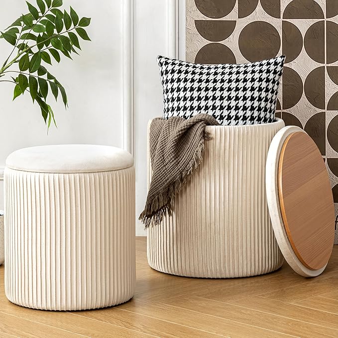 Ottoman with Storage Set of 2, Velvet Round Storage Ottoman, Upholstered Sponge Vanity Stool Support 300lbs, Multifunctional Coffee Table Foot Rest Ottoman for Living Room Bedroom, Beige