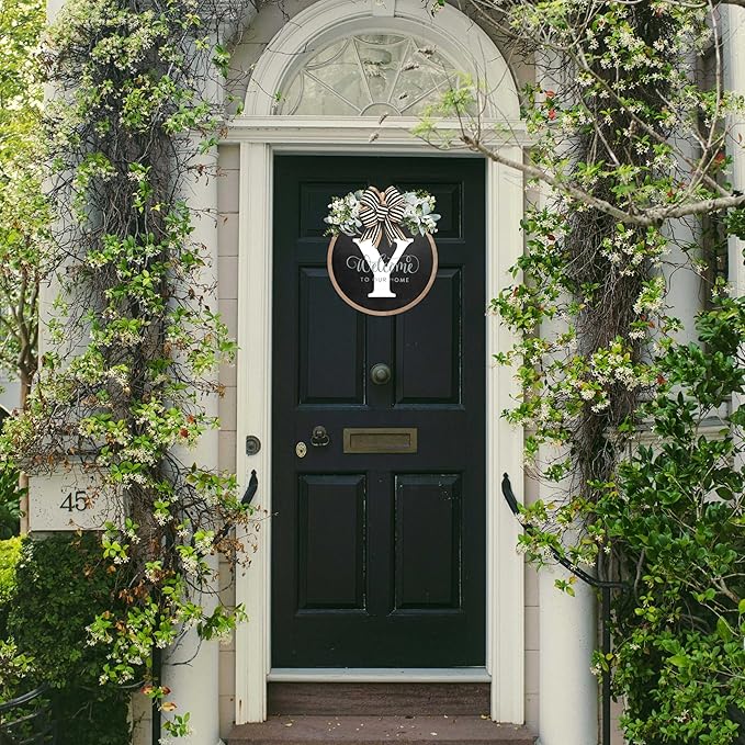 Circular Surname Front Door Welcome Sign - 26 Letter House Wreath, Front Porch Decorations, Year-Round Home Decor (Y)