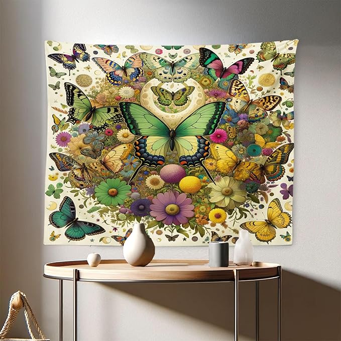 Ambesonne Boho Tapestry, Dancing Moth and Butterfly with Colorful Leafy Jumble Flowers Witchcore, Fabric Wall Hanging Decor for Bedroom Living Room Dorm, 28" X 23", Fern Green Lilac Orange