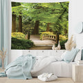Ambesonne Japanese Tapestry, Wooden Bridge over Pond in Garden Calmness in Shadow of Trees Serenity in Nature, Fabric Wall Hanging Decor for Bedroom Living Room Dorm, 28" X 23", Green Brown