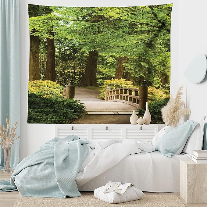 Ambesonne Japanese Tapestry, Wooden Bridge over Pond in Garden Calmness in Shadow of Trees Serenity in Nature, Fabric Wall Hanging Decor for Bedroom Living Room Dorm, 28" X 23", Green Brown