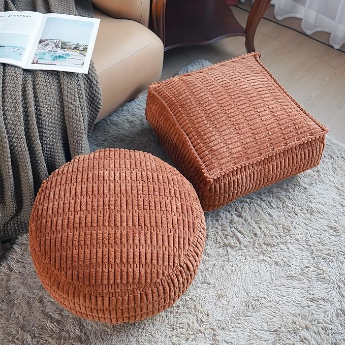 Unstuffed Pouf Ottoman Cover Soft Storage Extra Seat Farmhouse Comfortable Bohemian Poufs Accent Footrest 20x20x8 Inches for Living Room Bedroom Study Nook (Caramel B, Round)