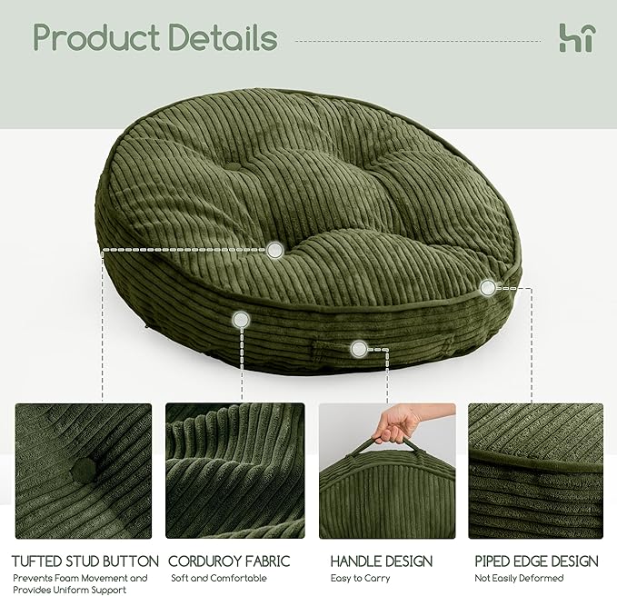 Washable Floor Pillow Cushion for Adults, Meditation Cushion Pillow, Large Round Floor Sitting, Removable Tufted Corduroy Cover, for Tatami Living Room or Yoga, 22x22 Inch, 2Pack, Machine Washable