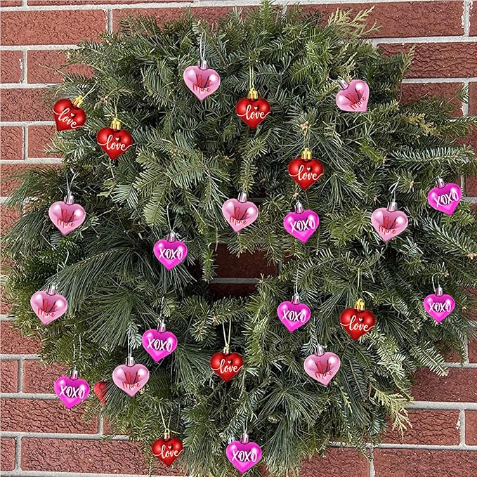 Valentines Tree Decorations, 24 Pcs Heart Ornaments for Christmas Tree, Mini Day Small Conversation Ornaments, Red Pink Purple Plastic