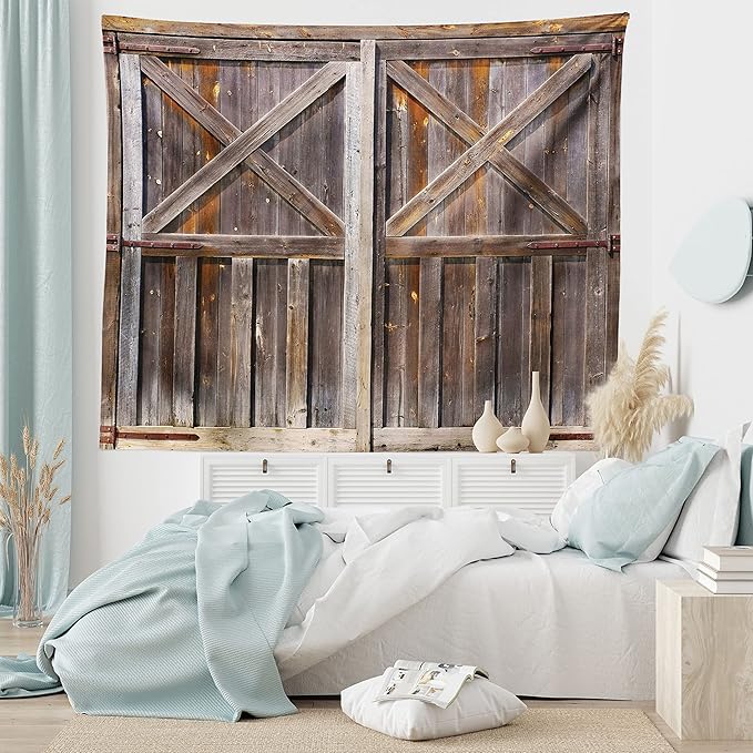 Ambesonne Rustic Tapestry, Old Wooden Barn Door of Farmhouse Oak Countryside Village Board Rural Life Photo Print, Wide Wall Hanging for Bedroom Living Room Dorm, 80" X 60", Brown