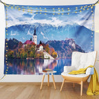 Ambesonne Landscape Tapestry Queen Size, Photo of Bled in Slovenia with Lake Snowy Mountains and a Castle Pastoral Scenery, Wall Hanging Bedspread Bed Cover Wall Decor, 88" X 88", Blue Lavender