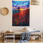 Ambesonne Country Tapestry Queen Size, Clouds at Sunset Paint Scenery of Poppy Flower Garden on Valley with Horizon, Wall Hanging Bedspread Bed Cover Wall Decor, 88" X 88", Burgundy Deep Sky Blue