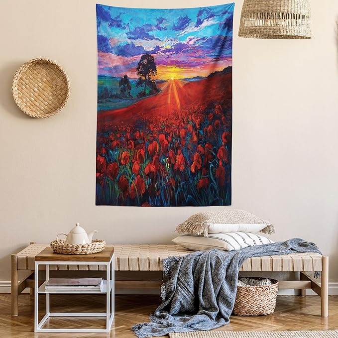 Ambesonne Country Tapestry Queen Size, Clouds at Sunset Paint Scenery of Poppy Flower Garden on Valley with Horizon, Wall Hanging Bedspread Bed Cover Wall Decor, 88" X 88", Burgundy Deep Sky Blue