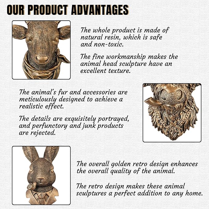 Zotabe 5PCs Animal Heads Wall Decor, Animal Sculptures Wall Dec, Moose Head Wall Mount, Vintage Wall Sculpture, Resin Wall Hanging Decoration for Living Room Bedroom Kitchen Gift (5PS, 1)
