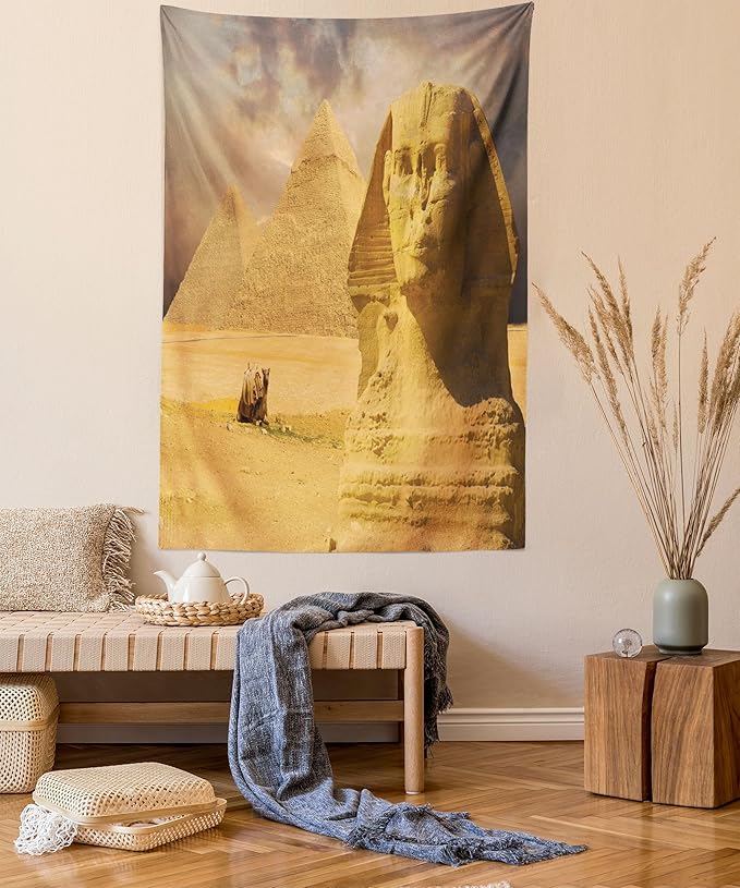 Ambesonne Egyptian Print Tapestry, Sphinx Face Other Pyramids in Egypt Old Historical Monument, Fabric Wall Hanging Decor for Bedroom Living Room Dorm, 23" X 28", Amber Sand Brown