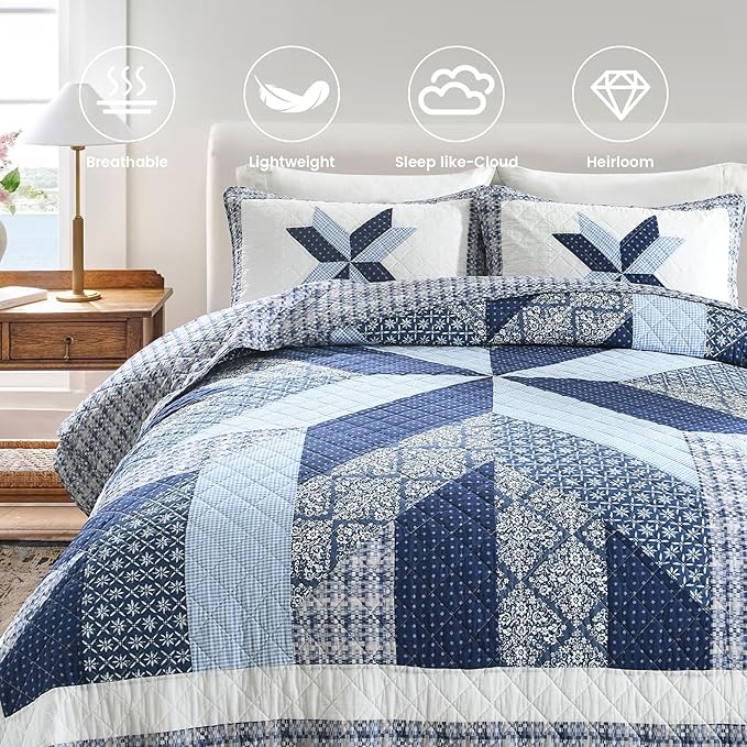 Secgo Handmade Quilted 100% Cotton Queen Comforter Set for Bed - 100% Cotton Quilts Queen Size, Black Bedspreads (90 * 98 Inch) with 2 Pillow Shams, Patchwork Reversible Lightweight Bedding