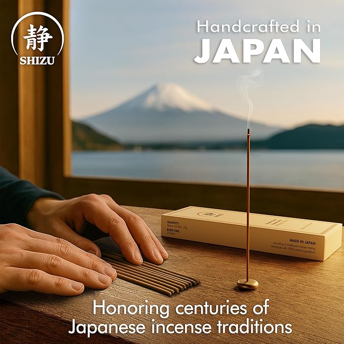 Shizu Sandalwood Incense Sticks – Artisanal Temple Grade Japanese Incense with Brass Holder – Calming Scent for Relaxation, Meditation & Home Spa, Elegant Gift Set (60 Sticks)