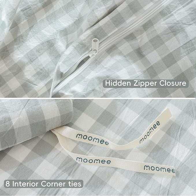 MooMee Gingham Duvet Cover Set 100% Washed Cotton Linen Like Textured Breathable Durable Soft Comfy Modern Checkered Design (Northern Droplet Grey Gingham, Palatial King/Oversized King 120"x98")