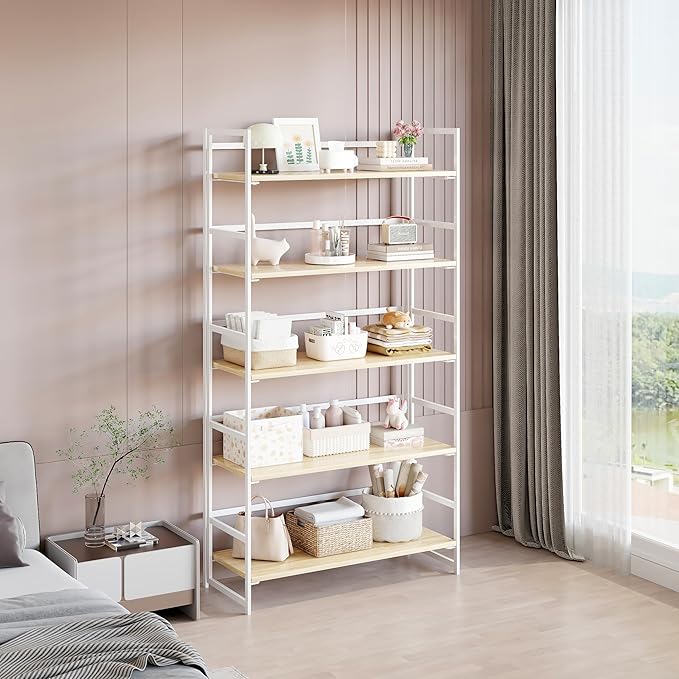 BHG Vintage Multifunctional Folding Bookshelf, No-Assembly Plant Stand Storage Rack Shelves for Home Office