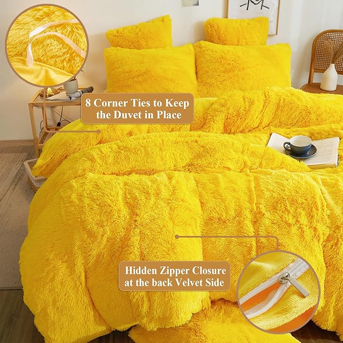 XeGe Plush Shaggy Duvet Cover Set, Luxury Ultra Soft Crystal Velvet Fluffy Furry Bed Set 2 Pieces(1 Faux Fur Fuzzy Comforter Cover + 1 Faux Fur Throw Pillow Case), Zipper Closure (Twin, Yellow)