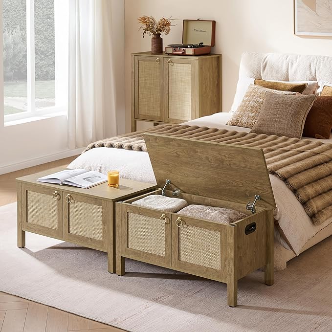 SICOTAS Rattan Shoe Rack Bench with Lift Top Storage: Farmhouse Boho Wide Shoe Cabinet Entryway Bench with Safety Hinges, Wooden Storage Chest for Bedroom, Entryway, Hallway, Living Room