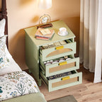 LITTLE TREE Rattan Nightstand Set of 2, Mint Green End Table with 3 Drawers for Couch, Wooden Bedside Table for Living Room, Bedroom, Easy Assembly