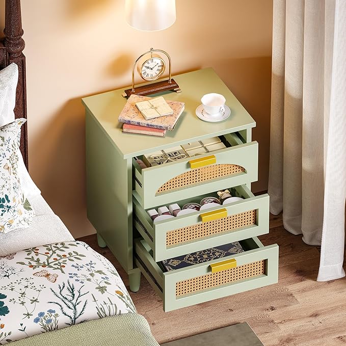 LITTLE TREE Rattan Nightstand Set of 2, Mint Green End Table with 3 Drawers for Couch, Wooden Bedside Table for Living Room, Bedroom, Easy Assembly